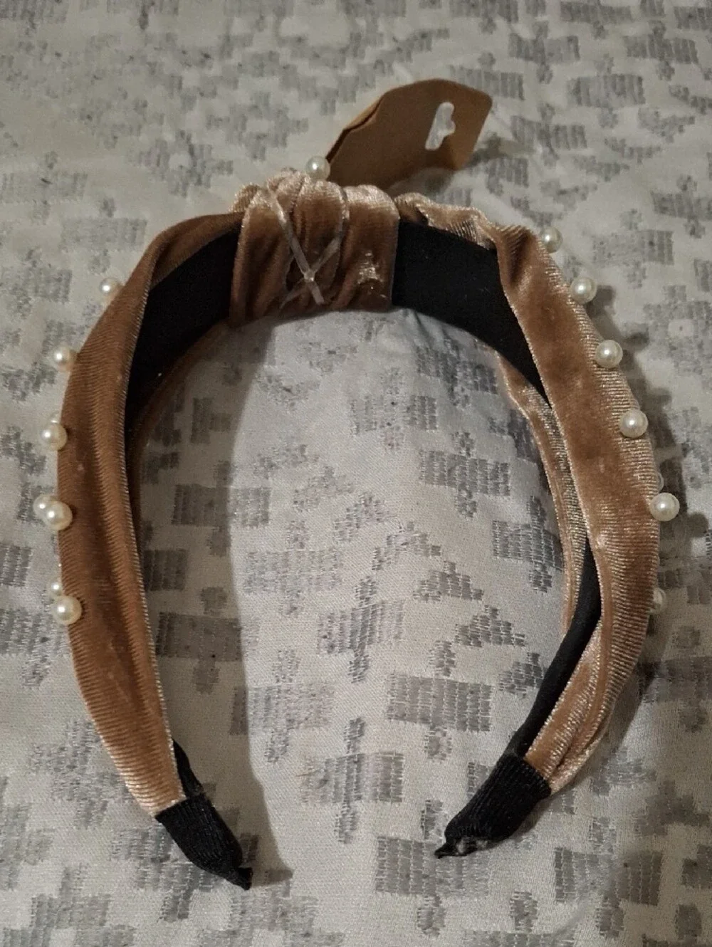 Pearl-Embellished Knotted Velvet Headband - Tan